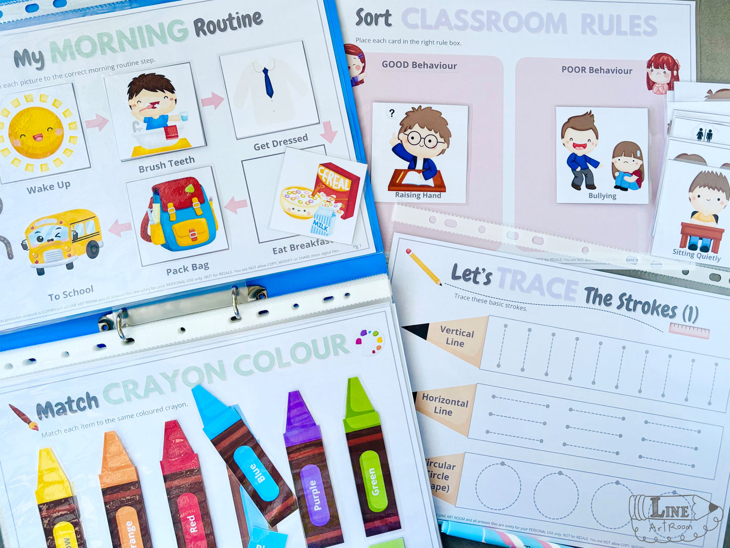 Educational materials for children including a morning routine chart, classroom rules activity and tracing practice sheets.