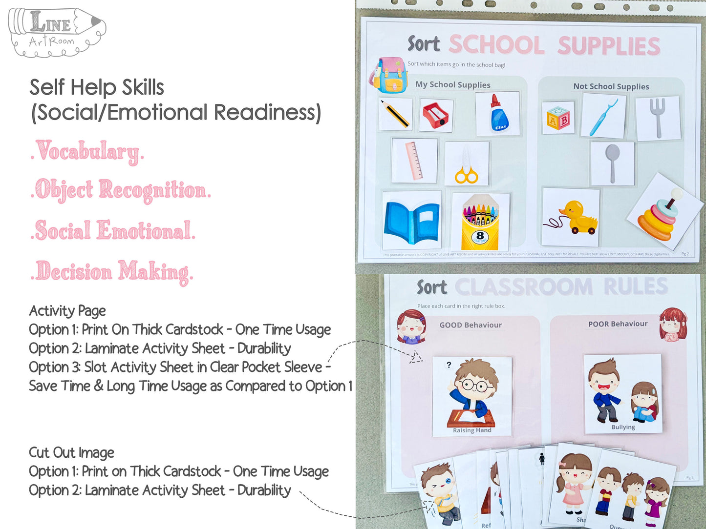 Educational materials for self-help skills with cute illustrations.