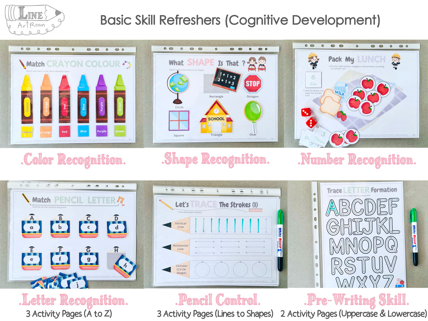 Educational materials for cognitive development with activities on color, shape, number, letter recognition and pre-writing skills.