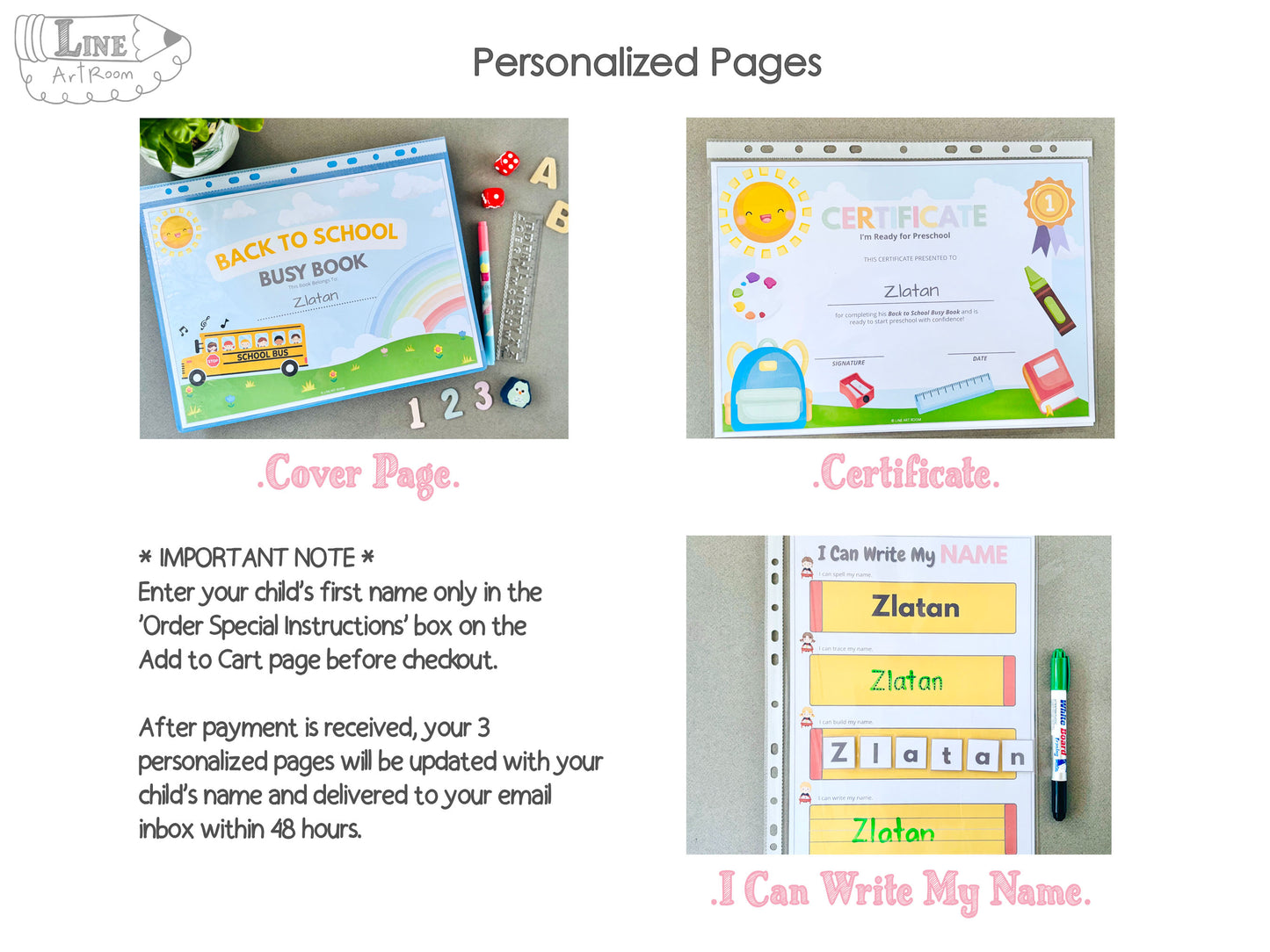 Personalized educational pages with a cover, certificate and name tracing page