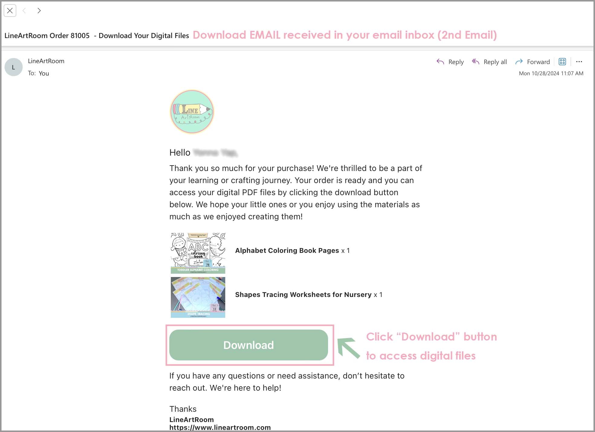 LineArtRoom Download Email Instruction Page