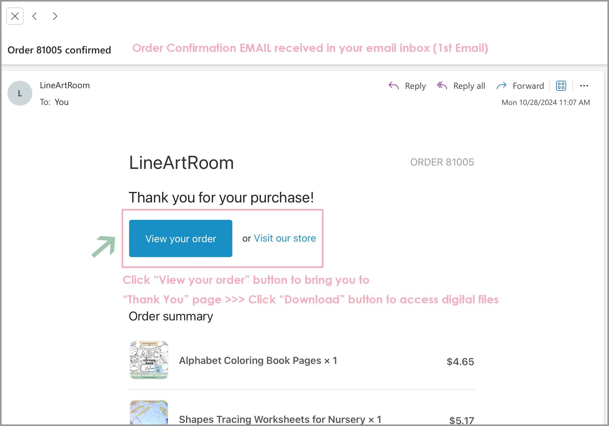 LineArtRoom Order Confirmation Email Instruction Page