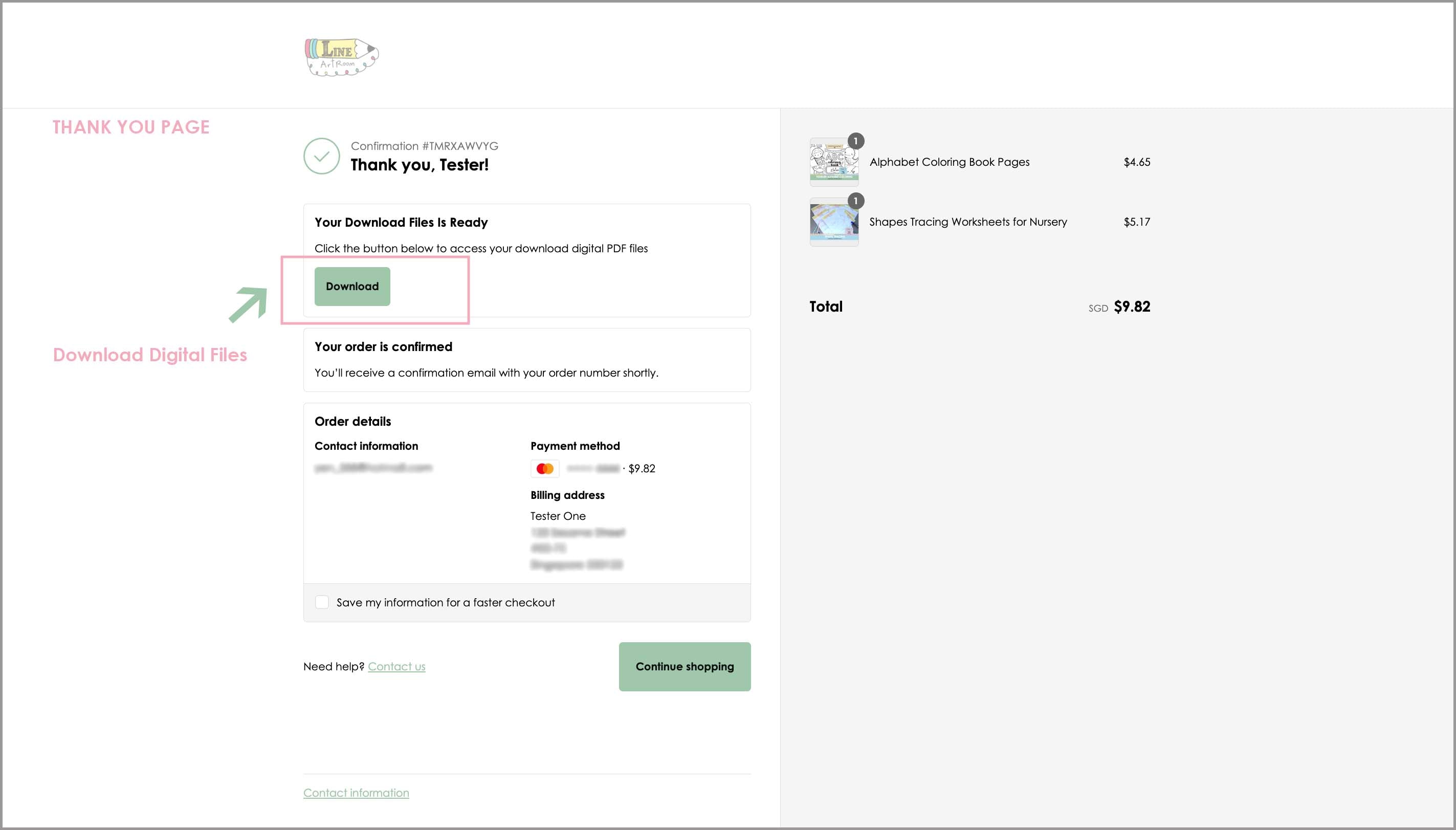 LineArtRoom Order Confirmation Thank You Instruction Page