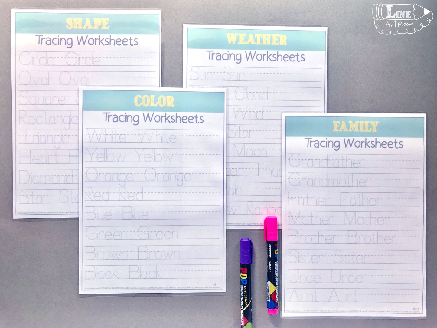 Tracing Worksheets, Shape, Color, Weather & Family