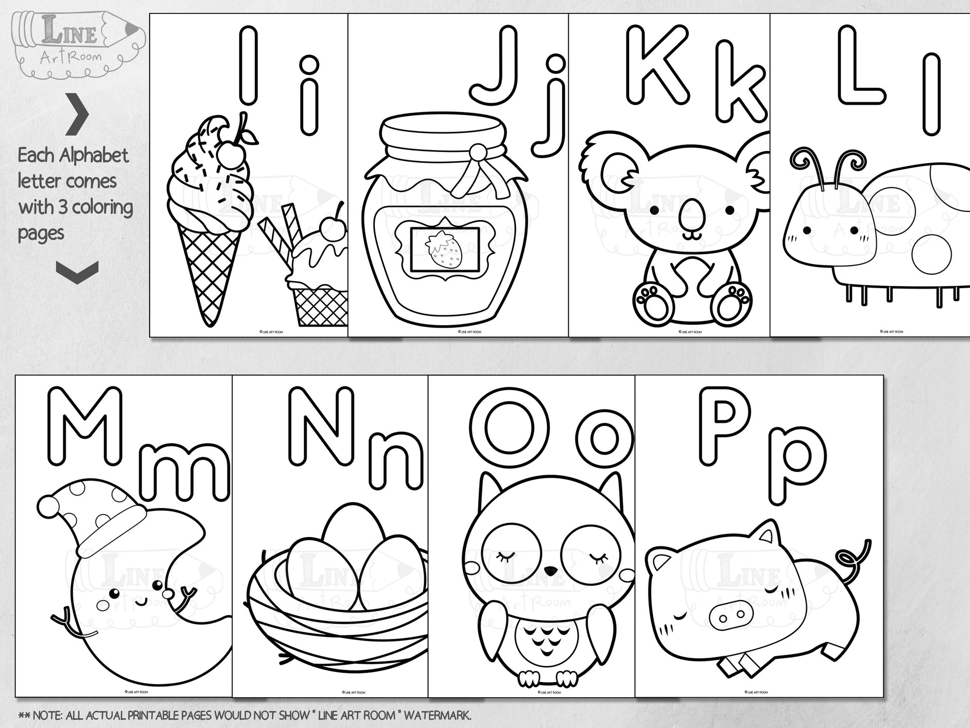 Alphabet Coloring Pages from I to P