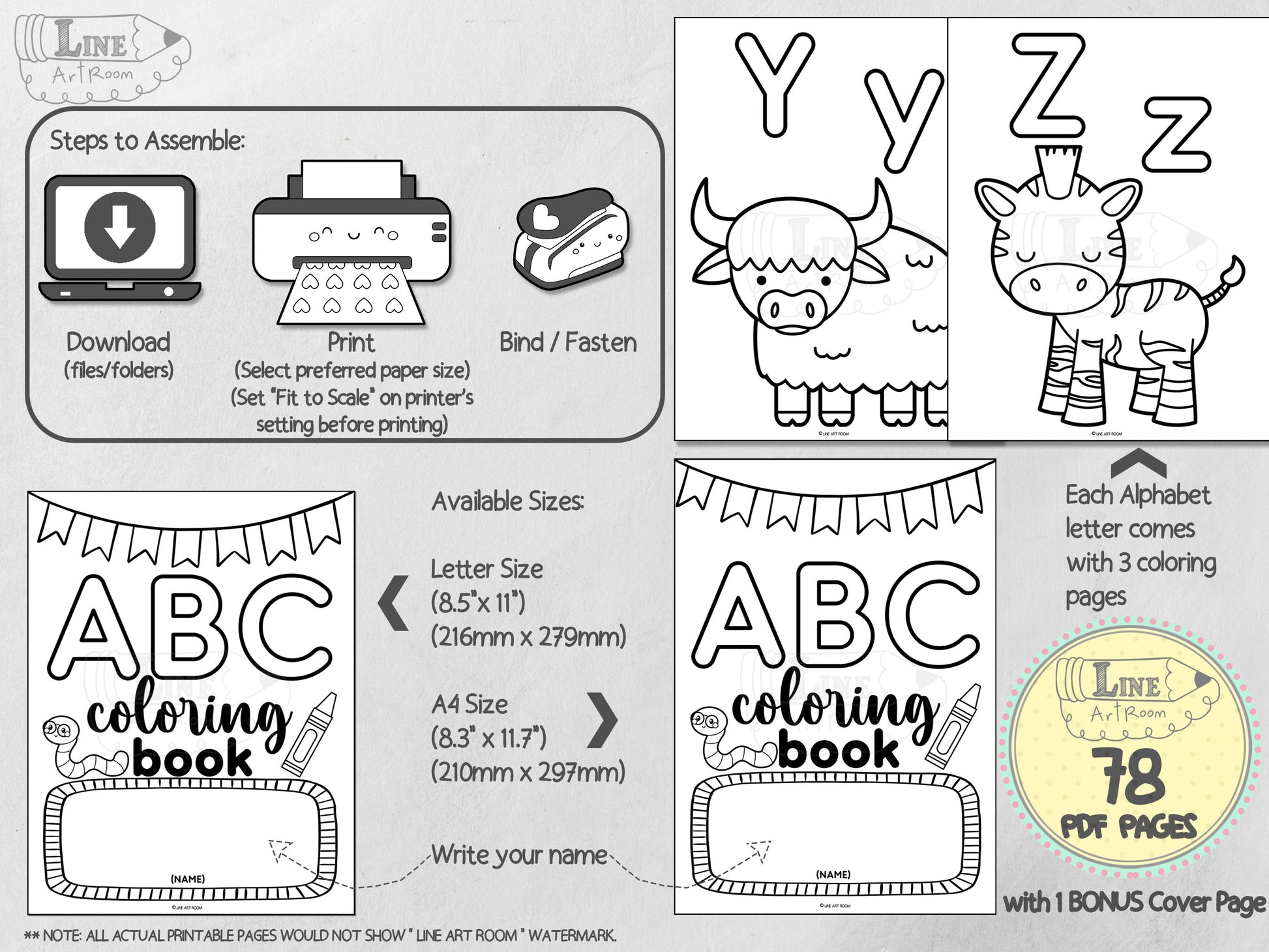 Alphabet Coloring Pages from Y to Z with Coverpage.