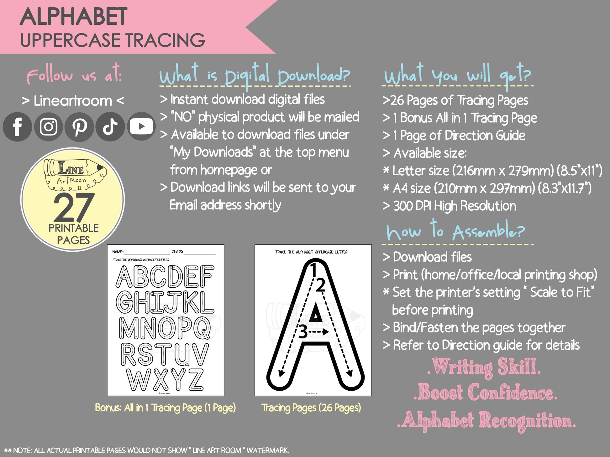 Alphabet Uppercase Tracing BW Product Information