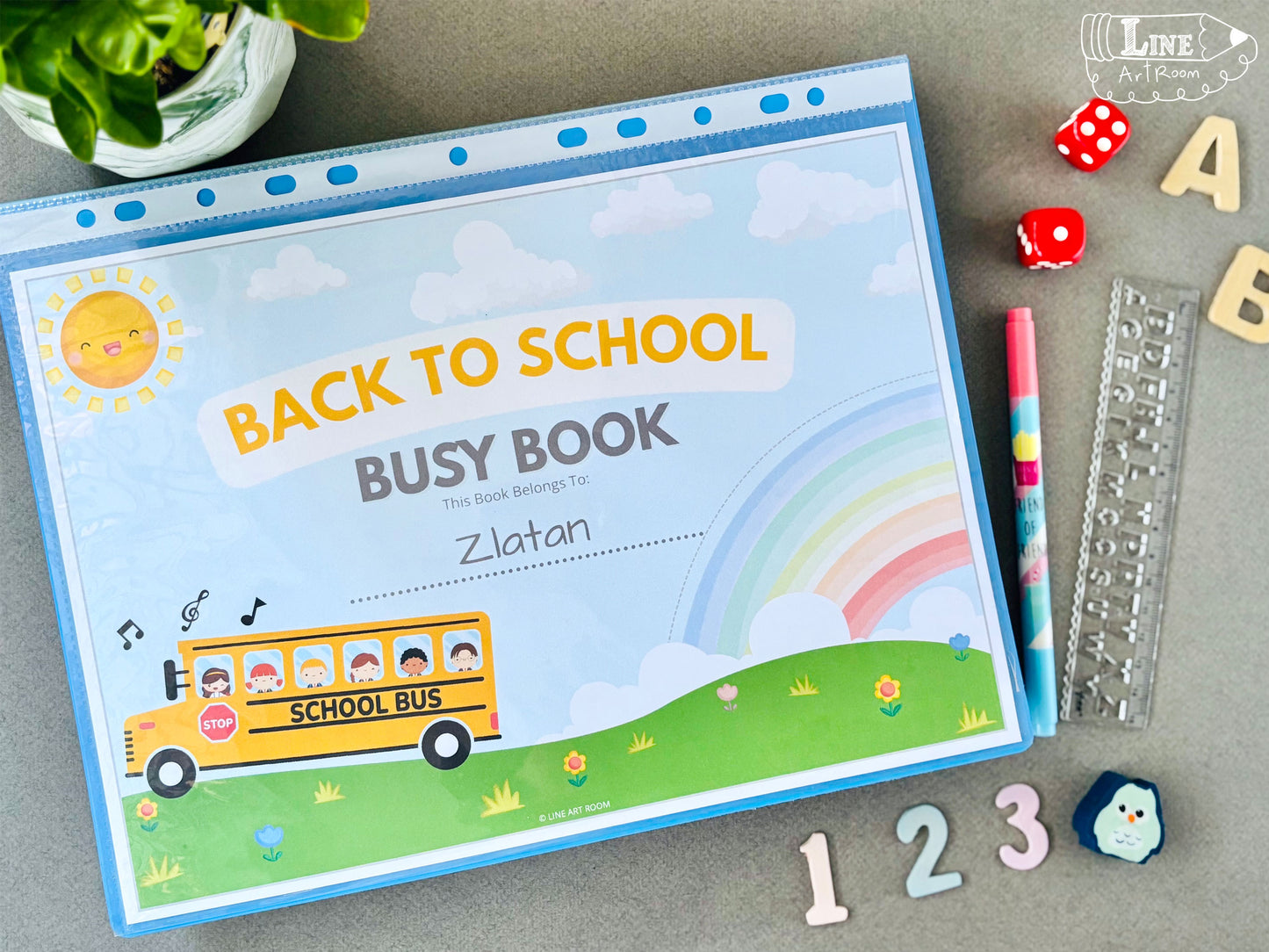 Back to school busy book with educational items on a table