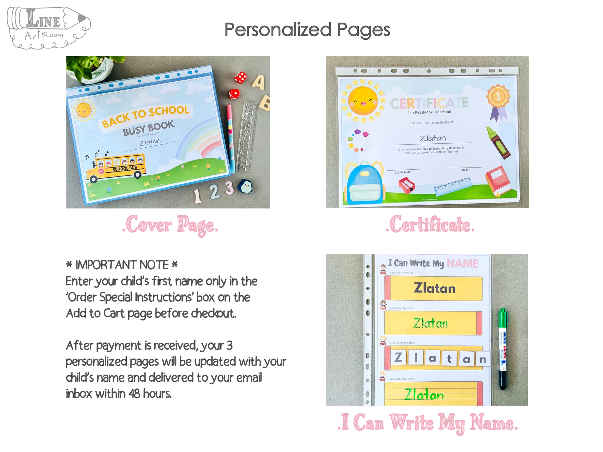Personalized educational pages with a cover, certificate and name tracing page